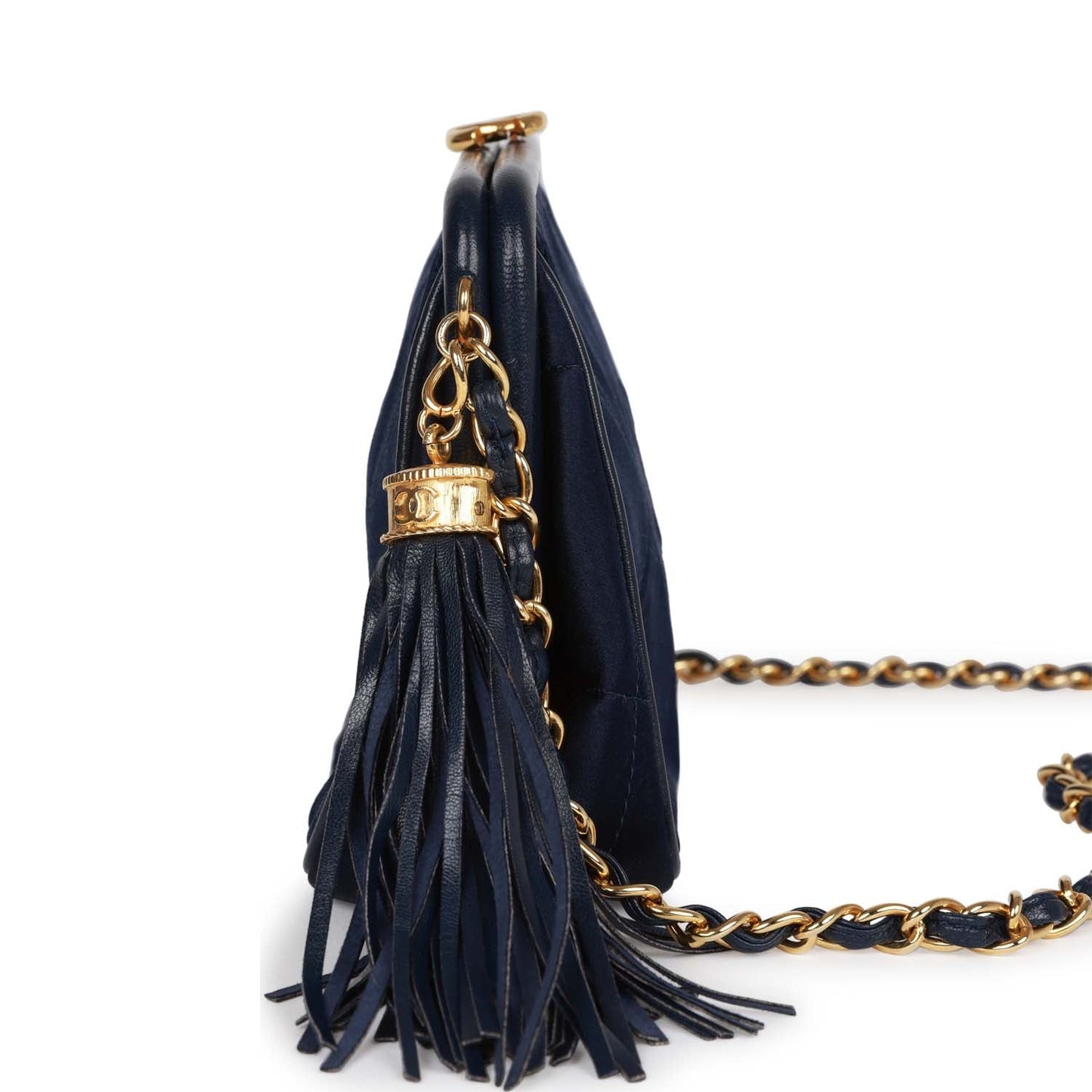 Chanel  Frame Tassel Bag Navy Satin Gold Hardware