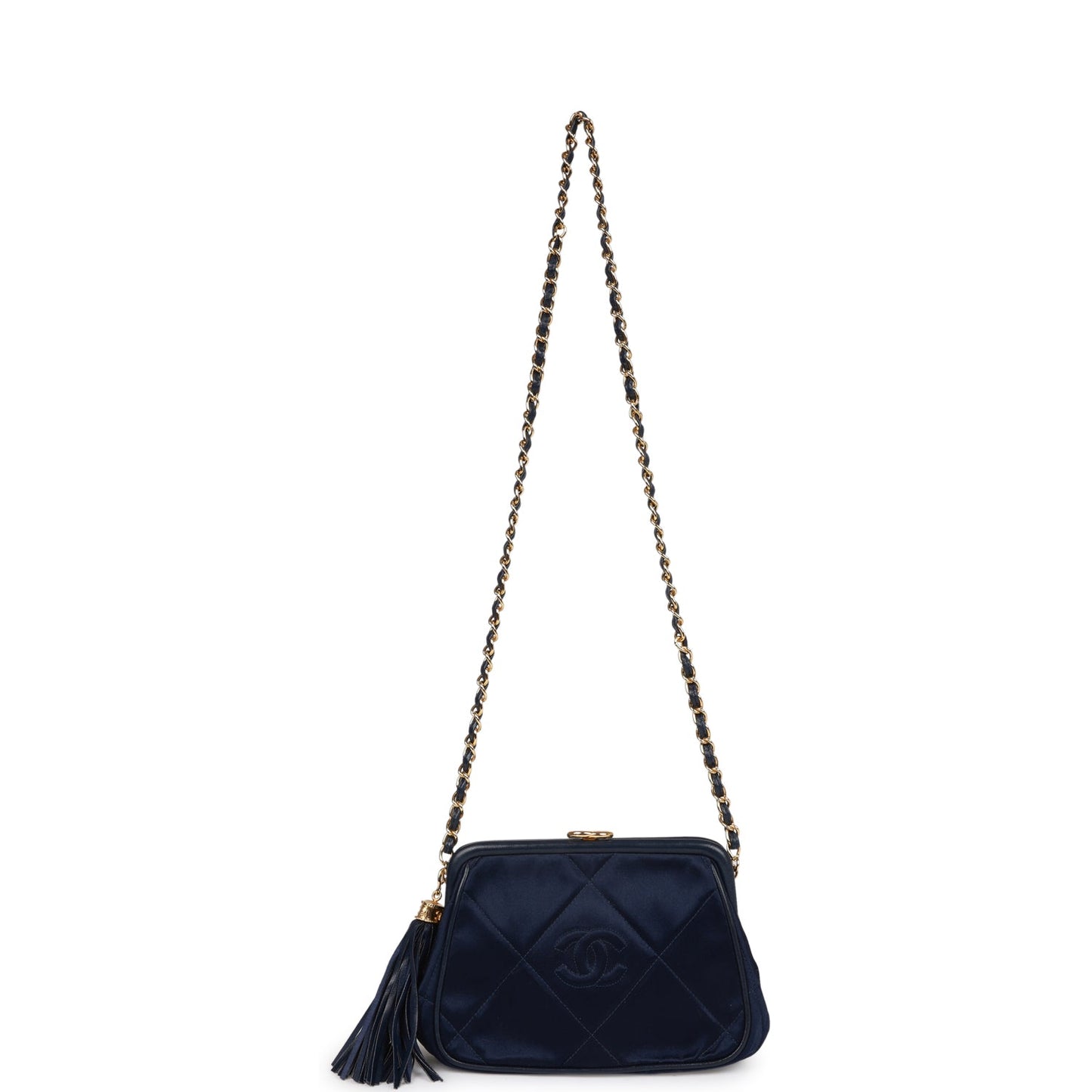 Chanel  Frame Tassel Bag Navy Satin Gold Hardware