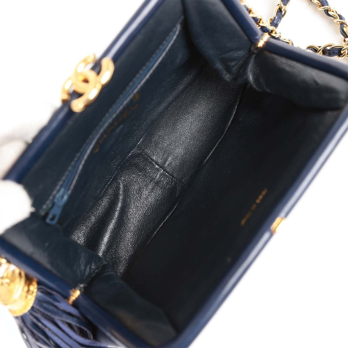 Chanel  Frame Tassel Bag Navy Satin Gold Hardware