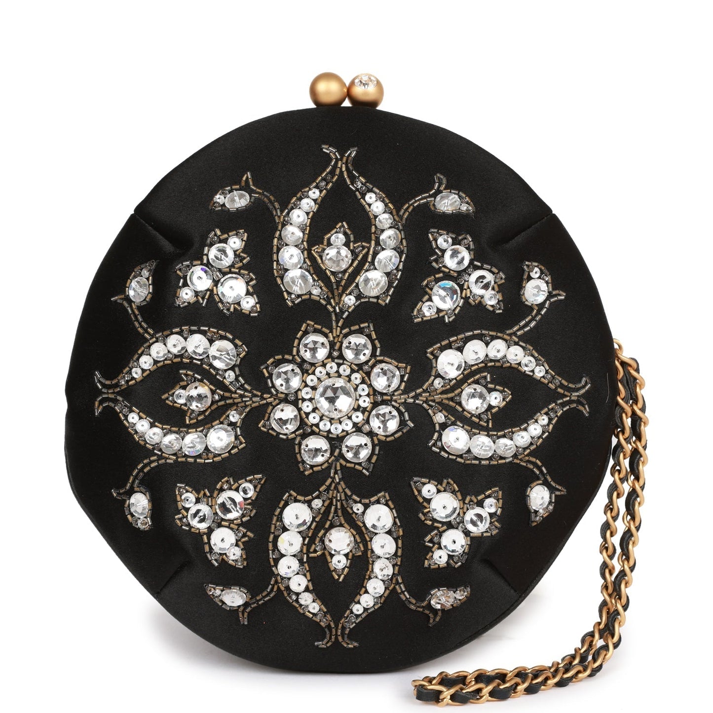 Chanel  Clutch Bag Black Satin Embellished Antique Gold Hardware