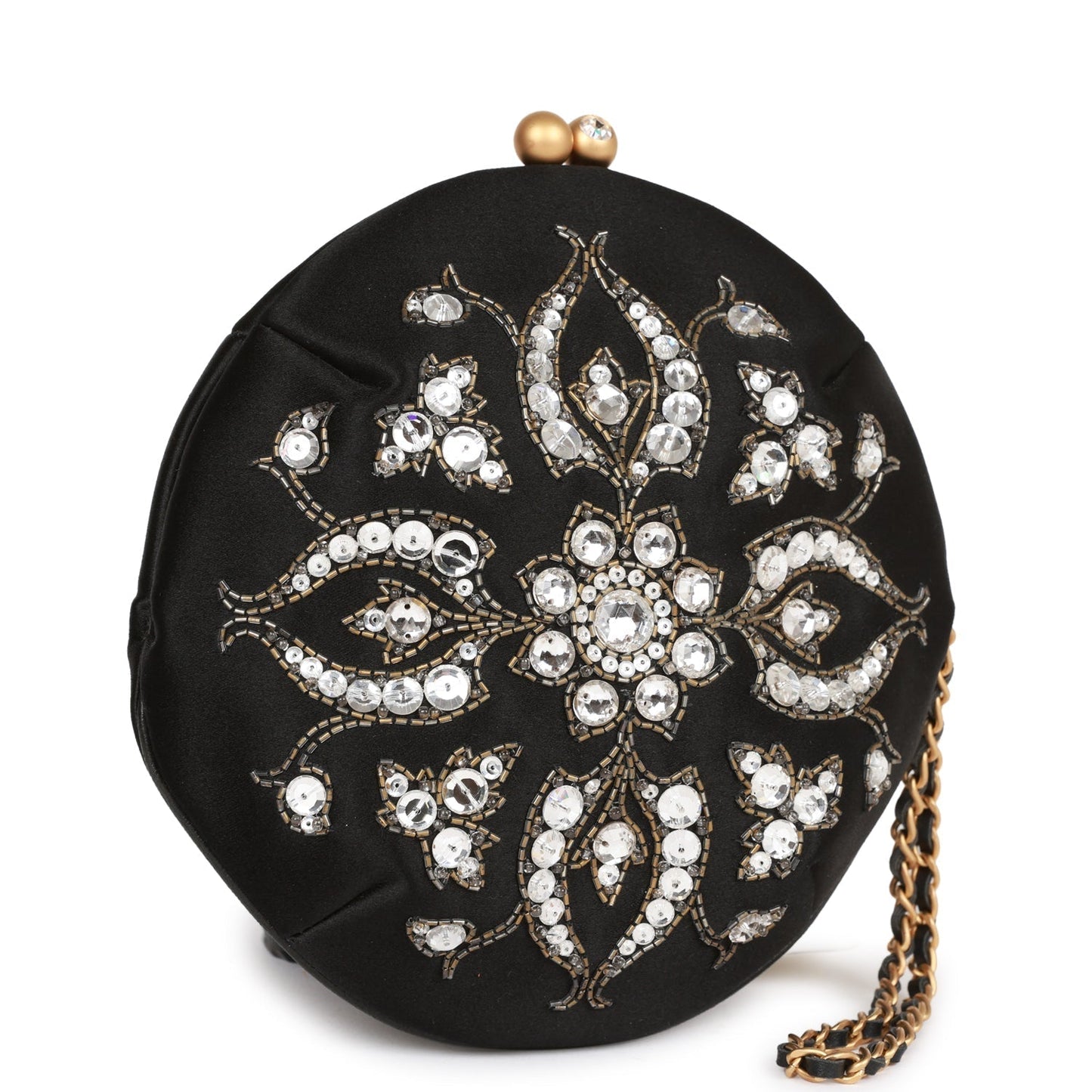 Chanel  Clutch Bag Black Satin Embellished Antique Gold Hardware