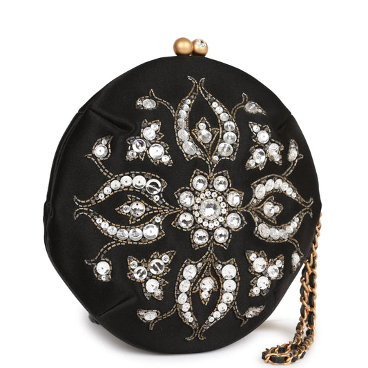 Chanel  Clutch Bag Black Satin Embellished Antique Gold Hardware
