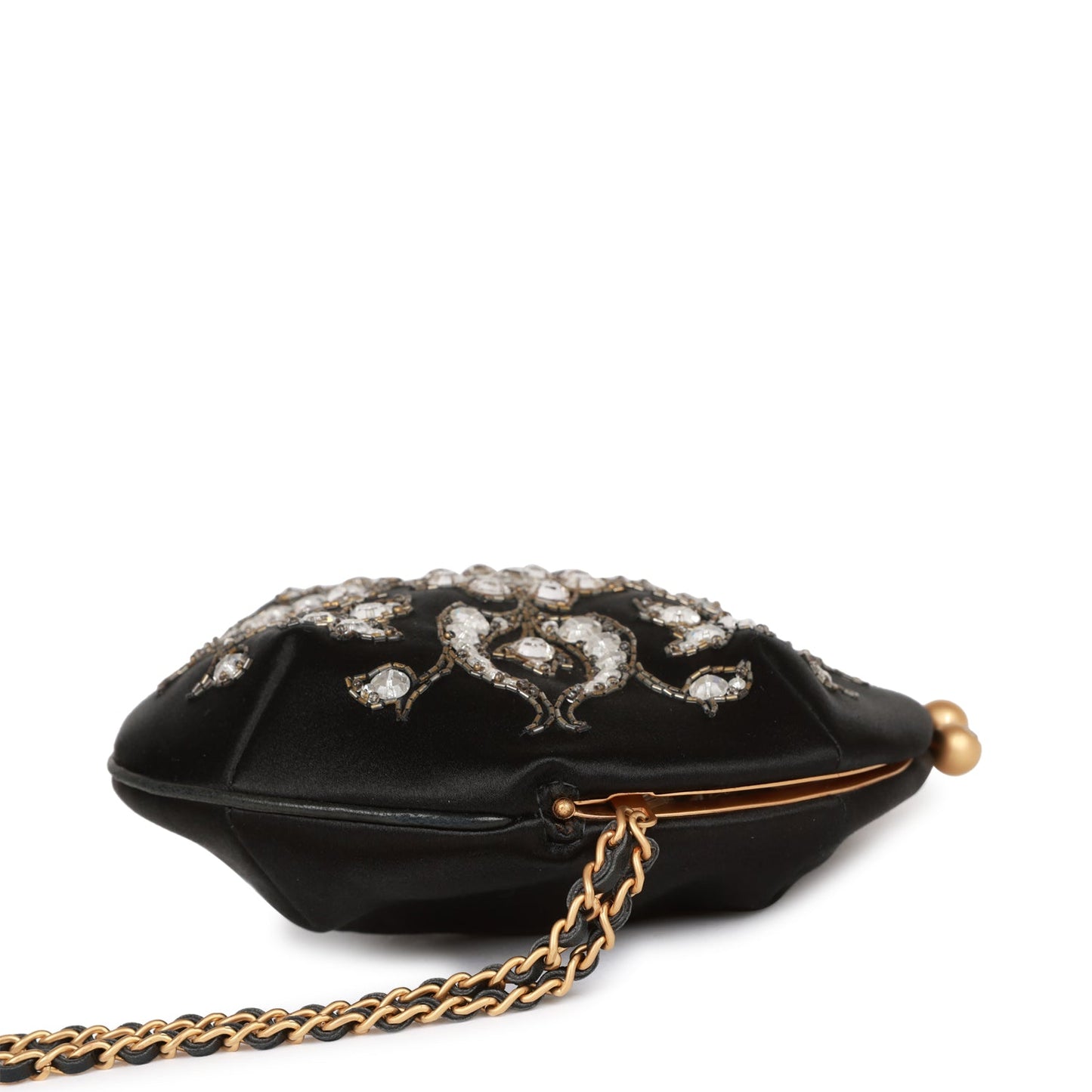 Chanel  Clutch Bag Black Satin Embellished Antique Gold Hardware