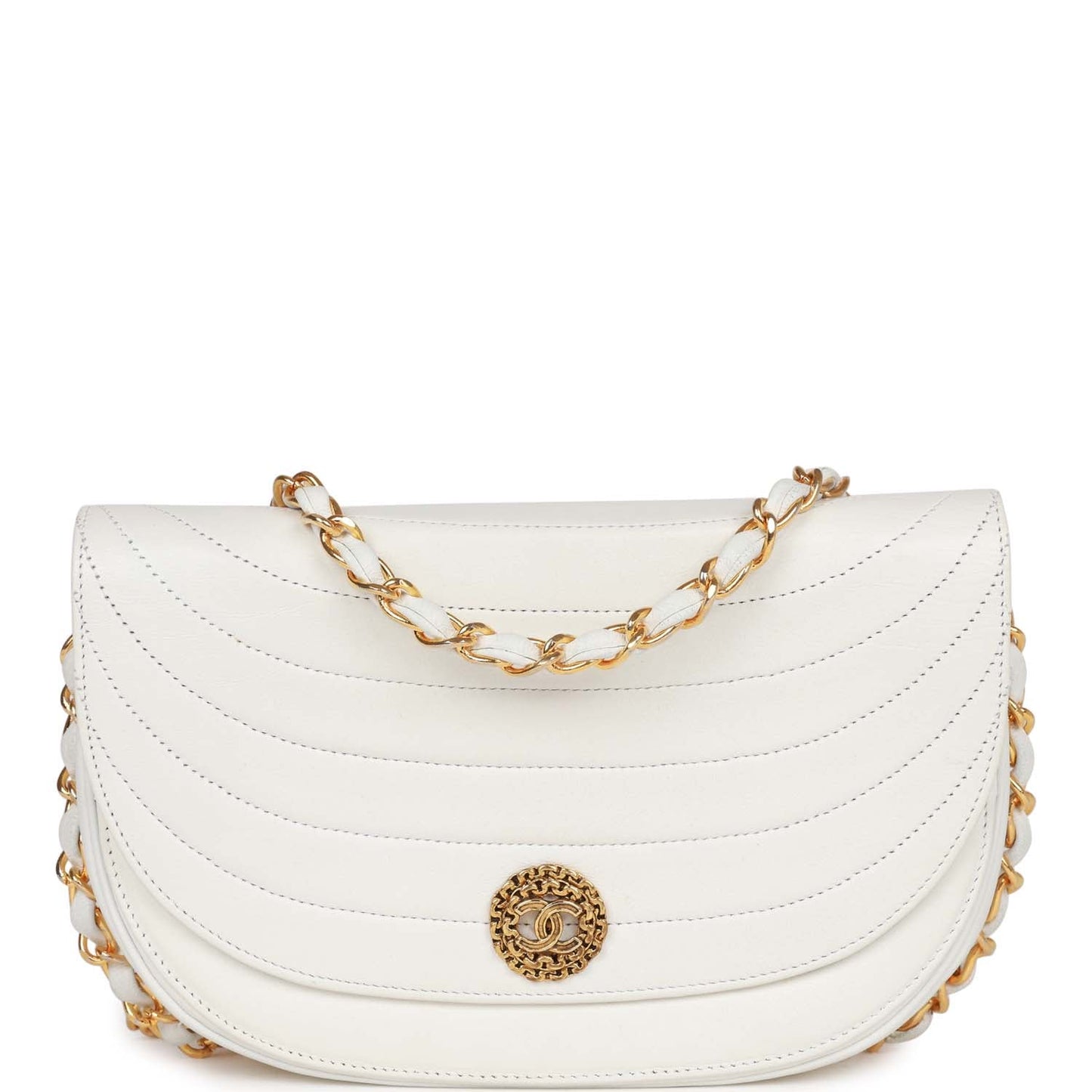Chanel  Half Moon Shoulder Bag White Lambskin Gold Hardware