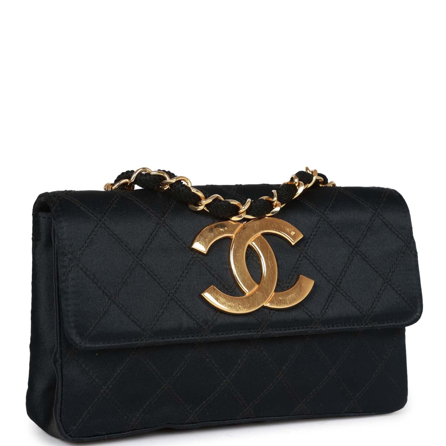 Chanel  CC Shoulder Flap Bag Black Satin Gold Hardware