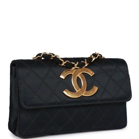 Chanel  CC Shoulder Flap Bag Black Satin Gold Hardware