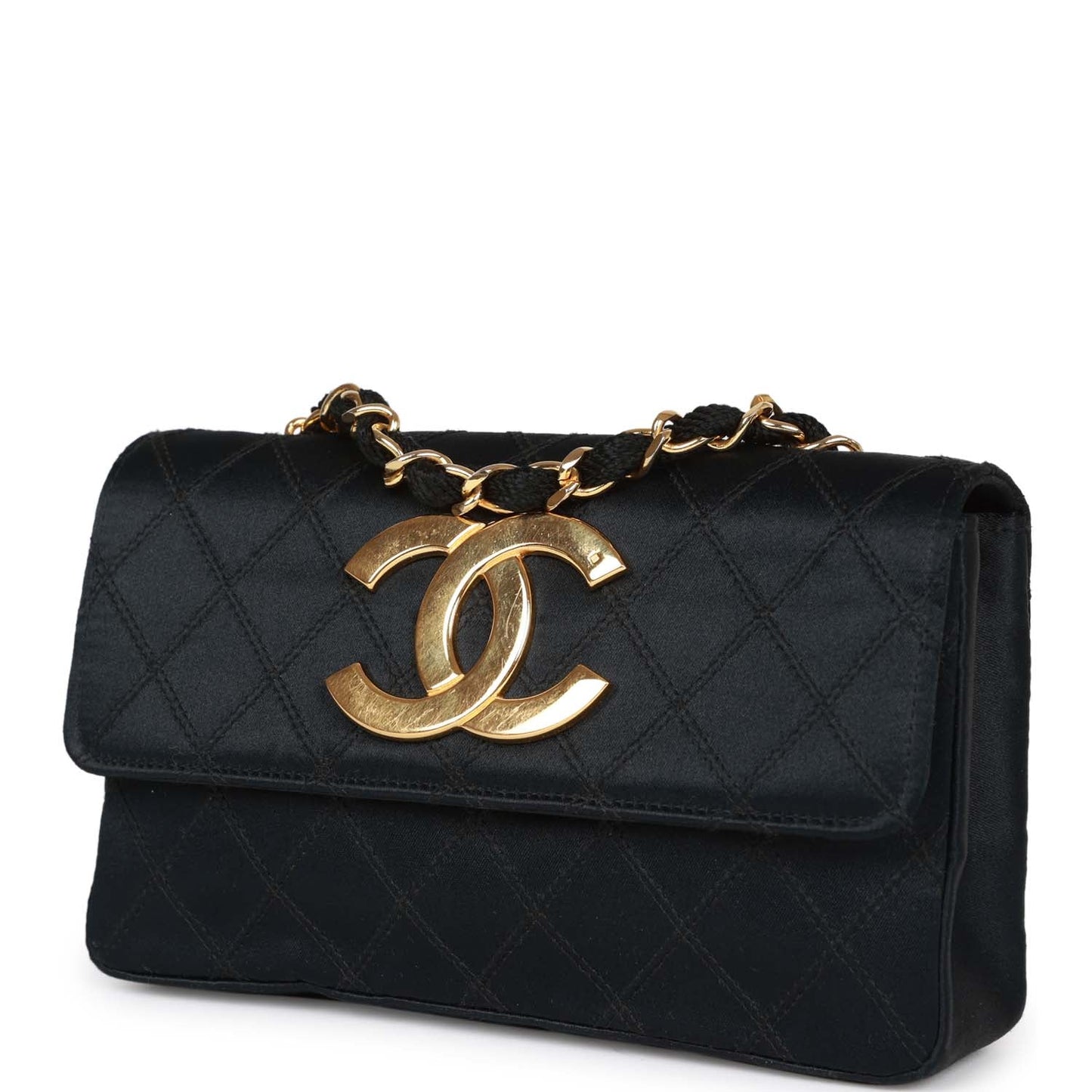 Chanel  CC Shoulder Flap Bag Black Satin Gold Hardware