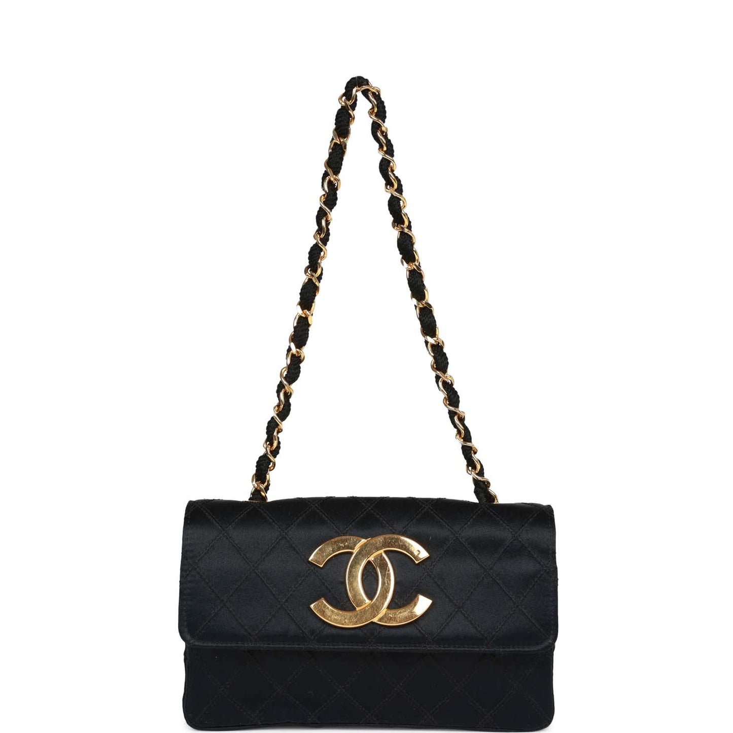 Chanel  CC Shoulder Flap Bag Black Satin Gold Hardware