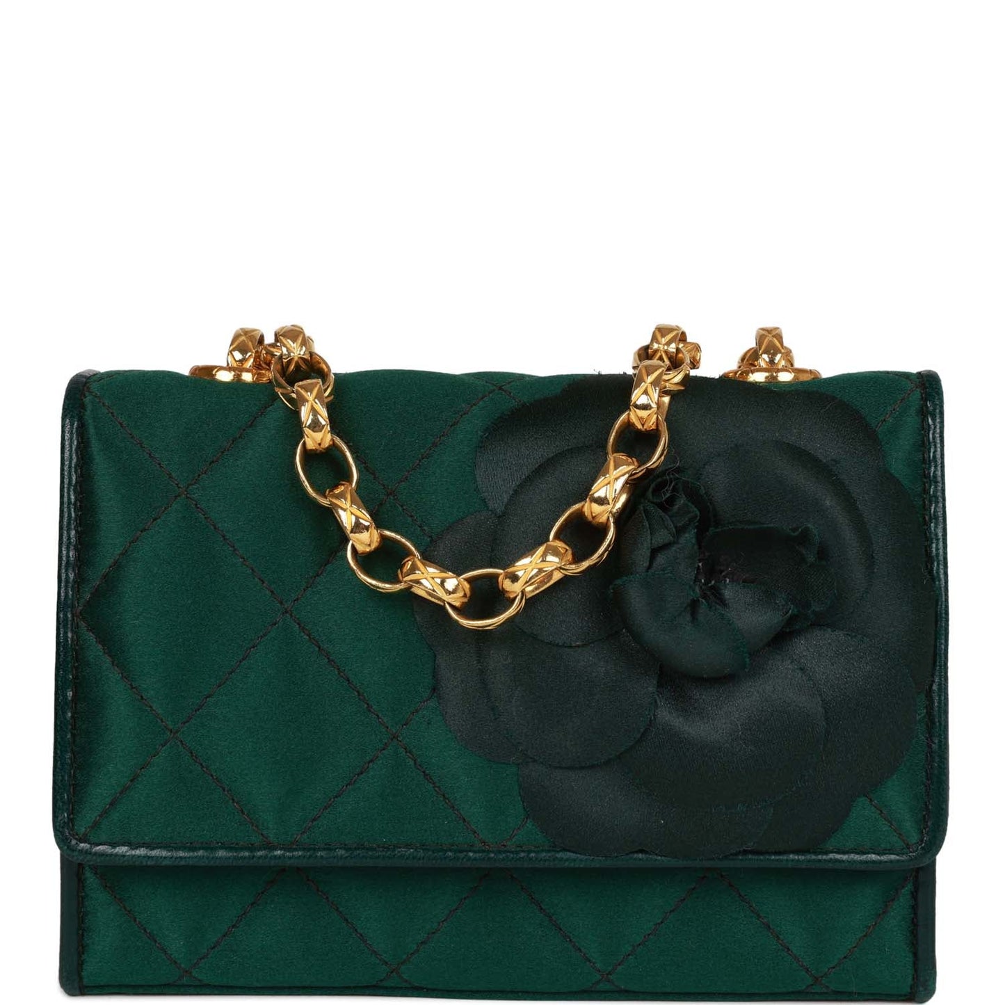 Chanel  Mini Camellia Flap Bag Green Satin Gold Hardware