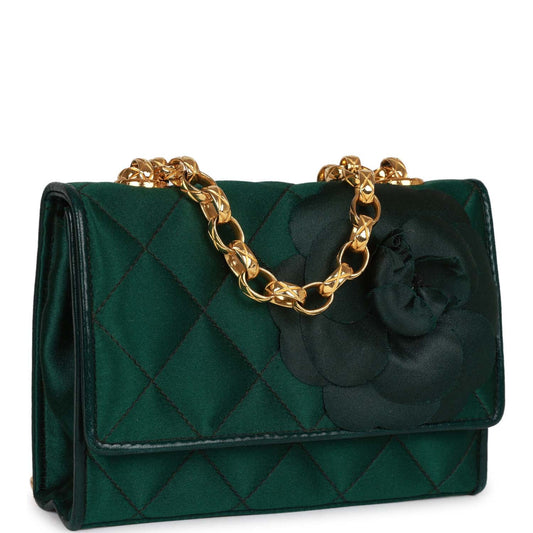 Chanel  Mini Camellia Flap Bag Green Satin Gold Hardware
