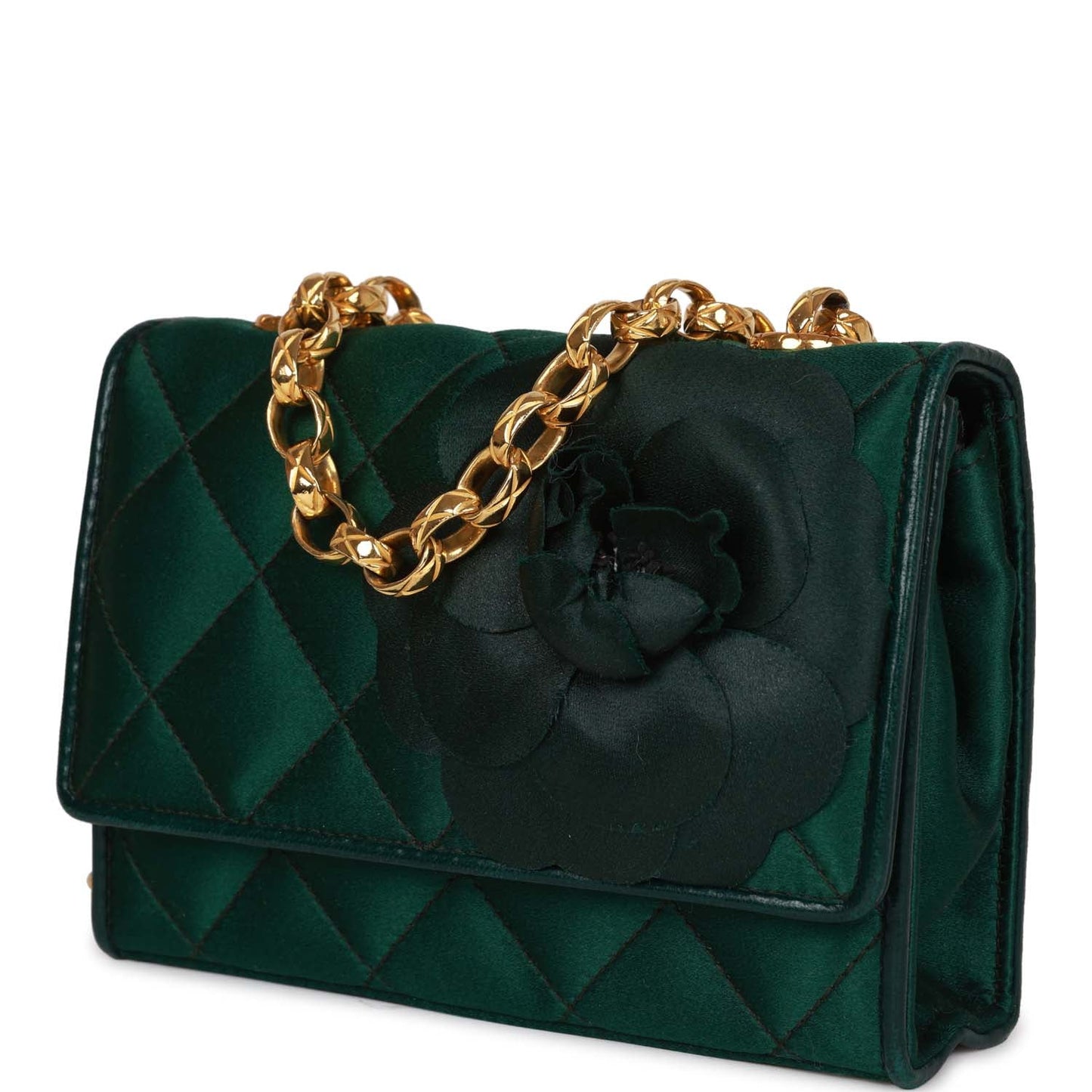 Chanel  Mini Camellia Flap Bag Green Satin Gold Hardware