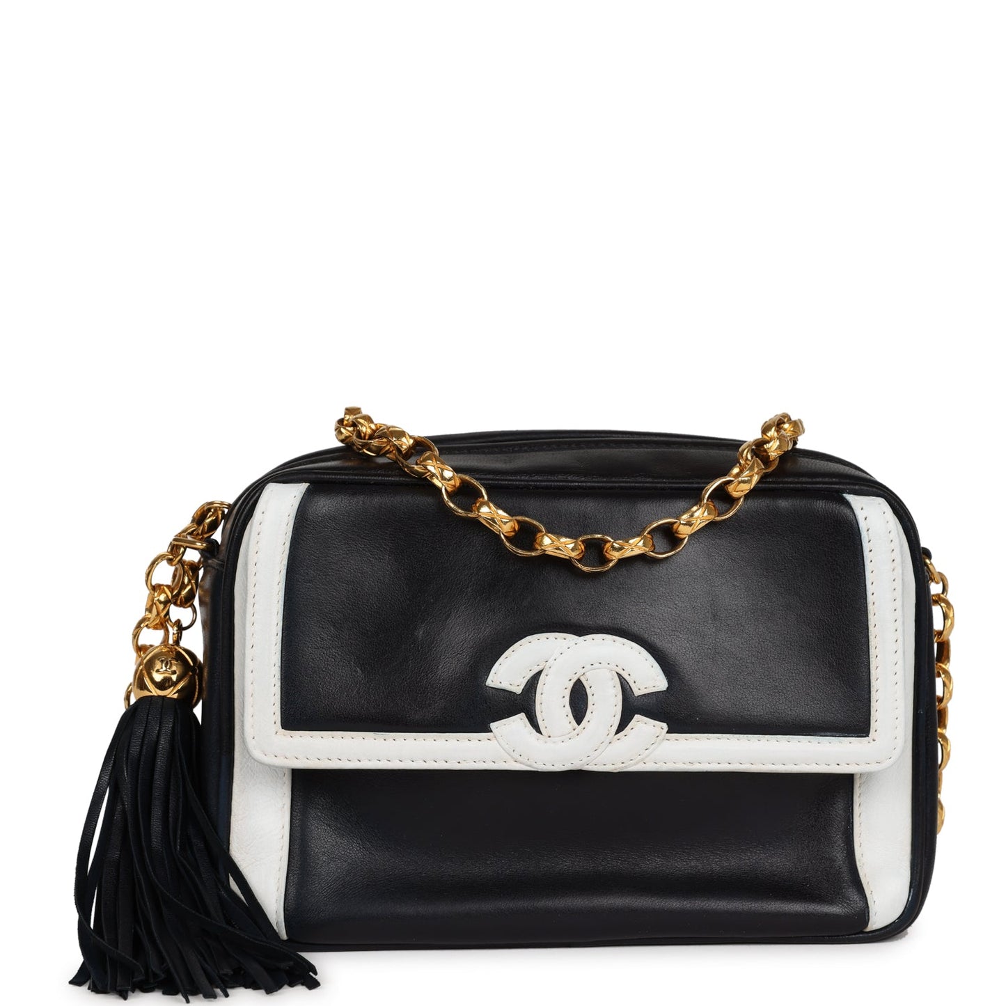 Chanel  Fringe Chain Camera Bag Navy and White Lambskin Gold Hardware