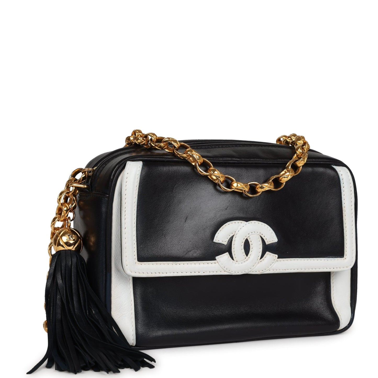 Chanel  Fringe Chain Camera Bag Navy and White Lambskin Gold Hardware