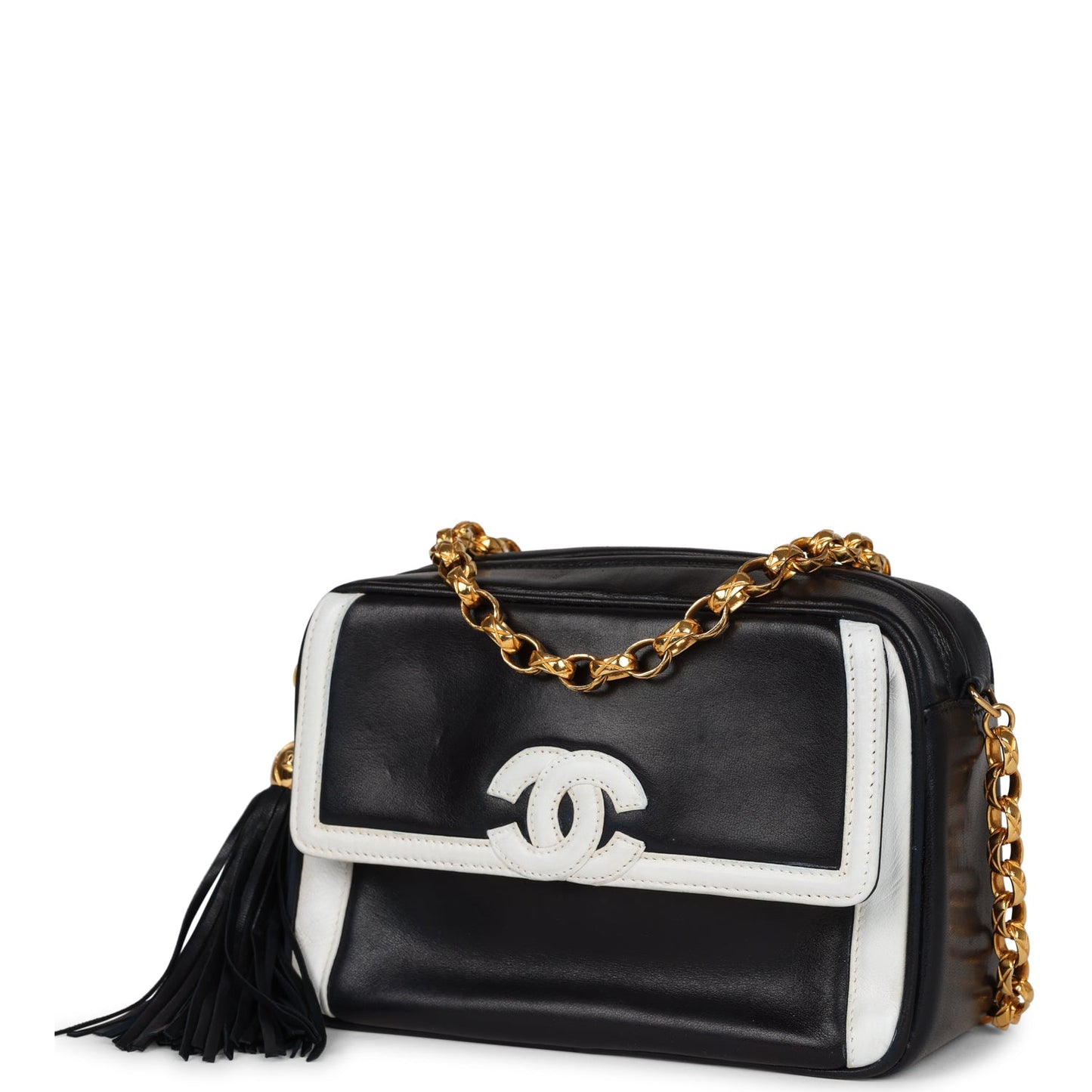 Chanel  Fringe Chain Camera Bag Navy and White Lambskin Gold Hardware