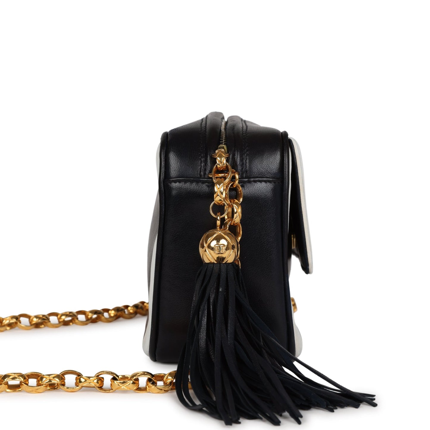 Chanel  Fringe Chain Camera Bag Navy and White Lambskin Gold Hardware