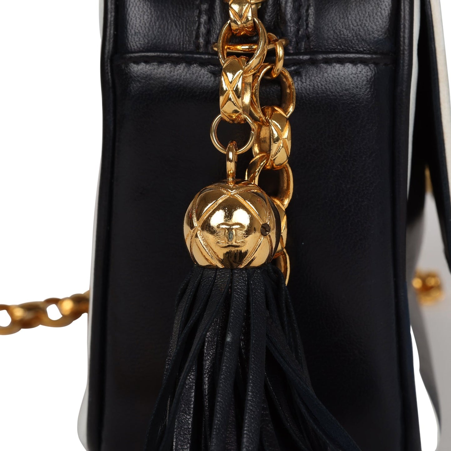 Chanel  Fringe Chain Camera Bag Navy and White Lambskin Gold Hardware