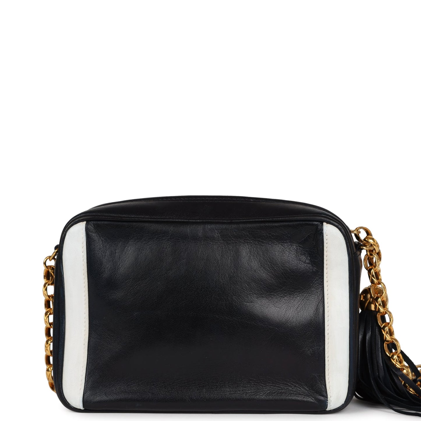 Chanel  Fringe Chain Camera Bag Navy and White Lambskin Gold Hardware