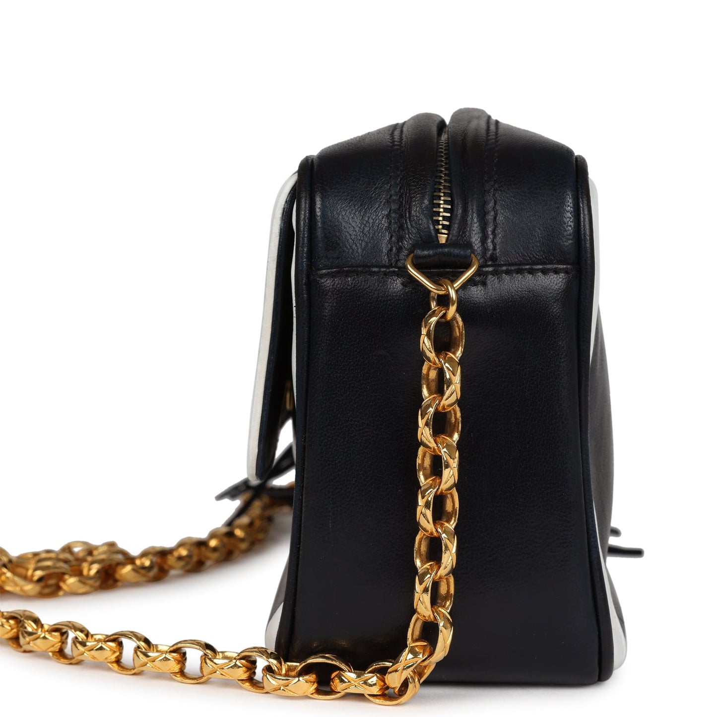 Chanel  Fringe Chain Camera Bag Navy and White Lambskin Gold Hardware