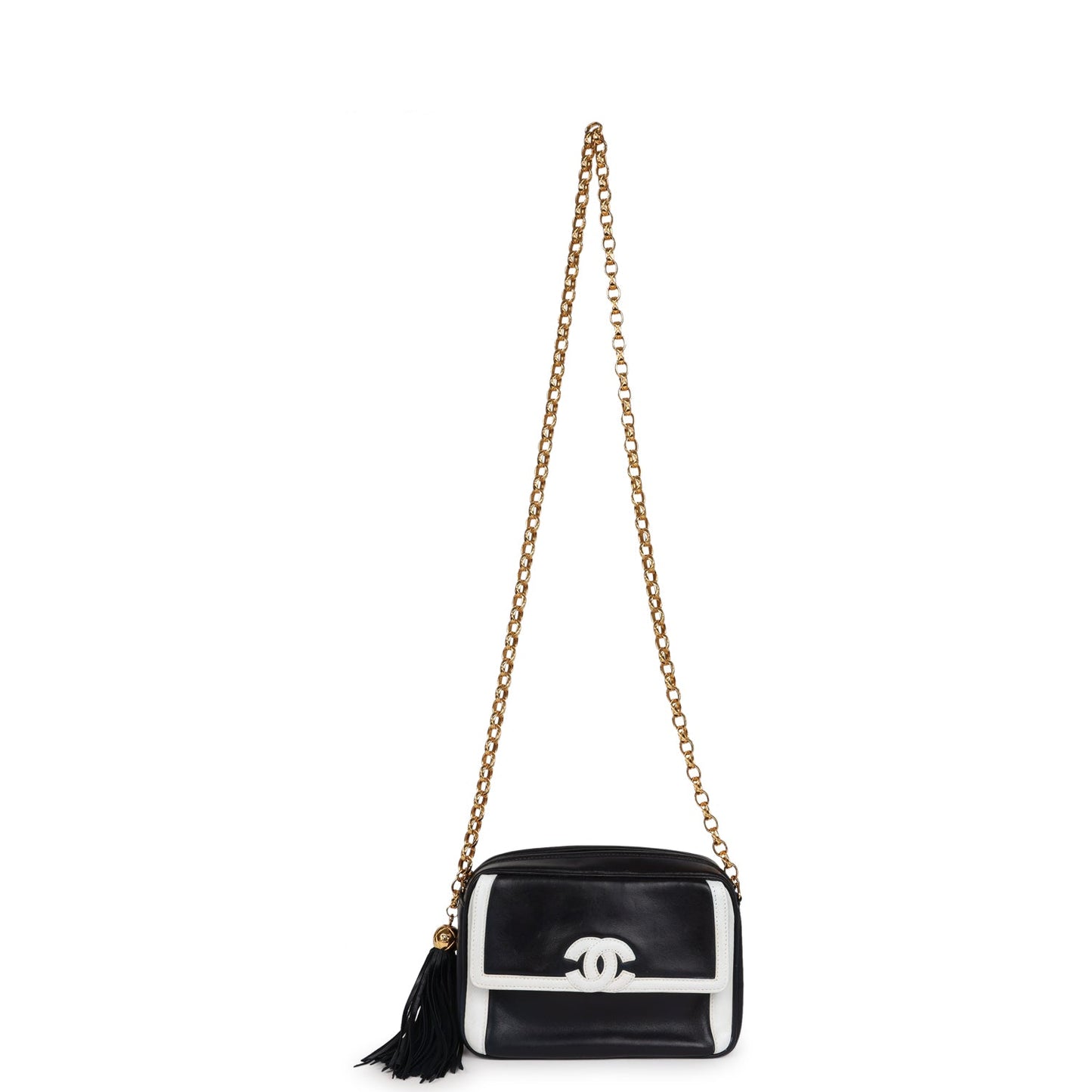 Chanel  Fringe Chain Camera Bag Navy and White Lambskin Gold Hardware