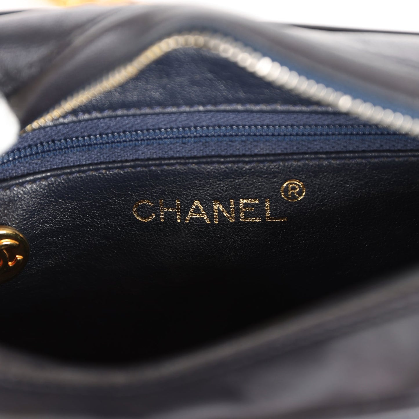 Chanel  Fringe Chain Camera Bag Navy and White Lambskin Gold Hardware