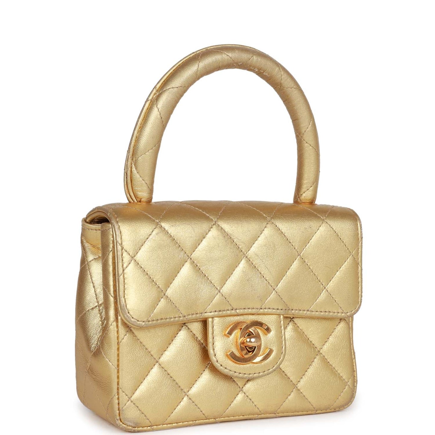 Chanel  Mini Top Handle Kelly Child Flap Bag Gold Metallic Lambskin Gold Hardware