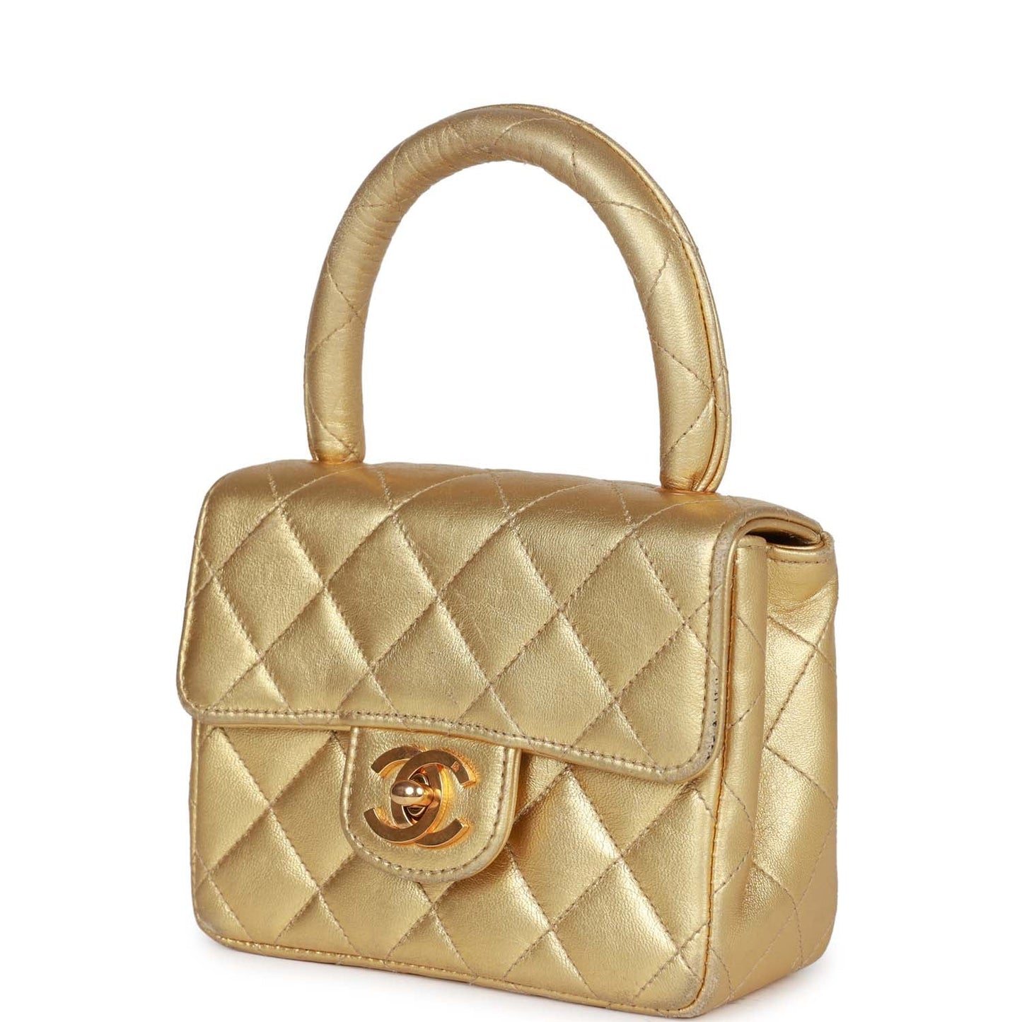 Chanel  Mini Top Handle Kelly Child Flap Bag Gold Metallic Lambskin Gold Hardware