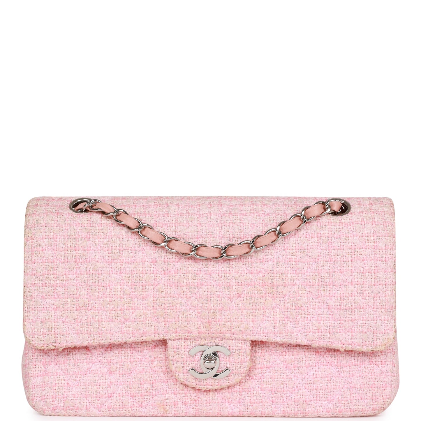 Chanel  Medium Classic Double Flap Bag Pink Tweed Silver Hardware
