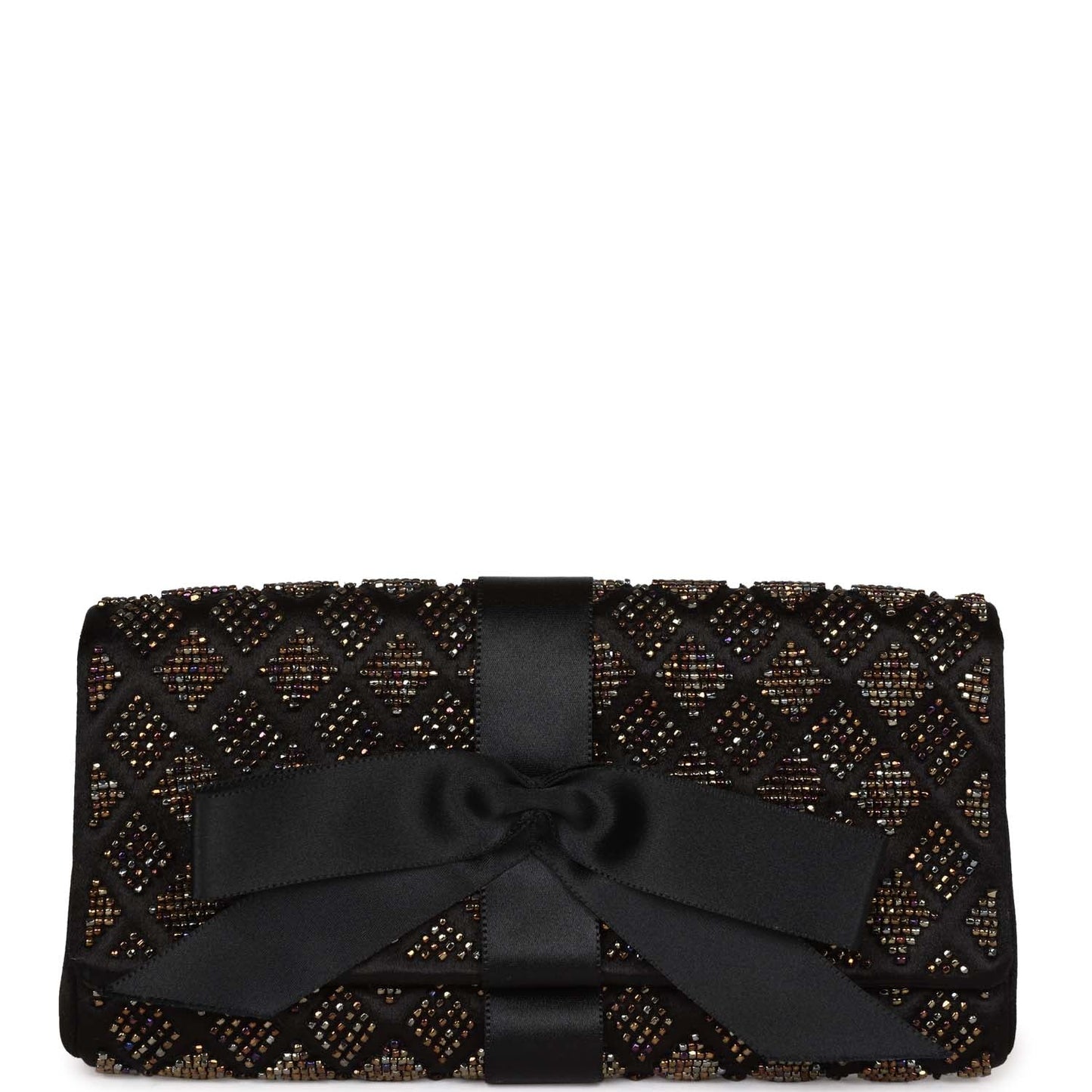 Chanel  Bead Embellished Bow Flap Clutch Black Satin