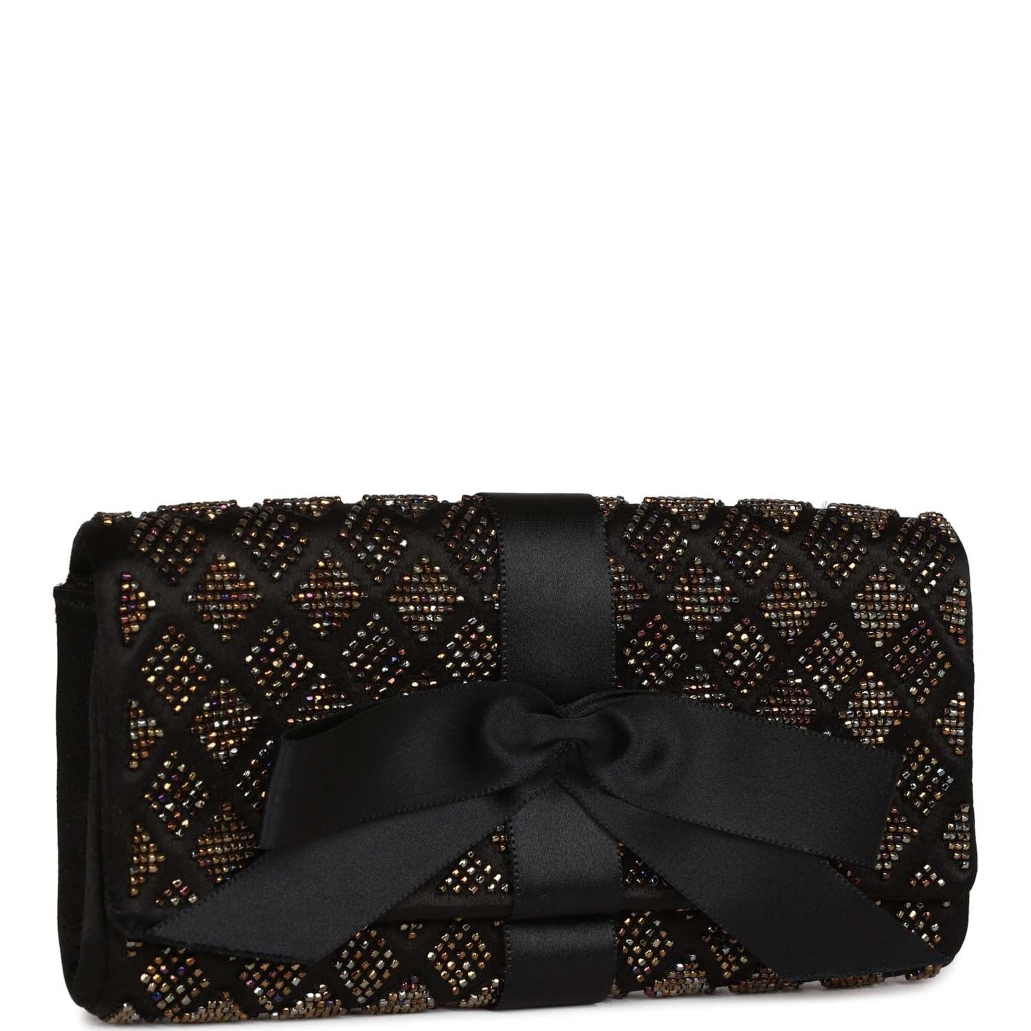 Chanel  Bead Embellished Bow Flap Clutch Black Satin
