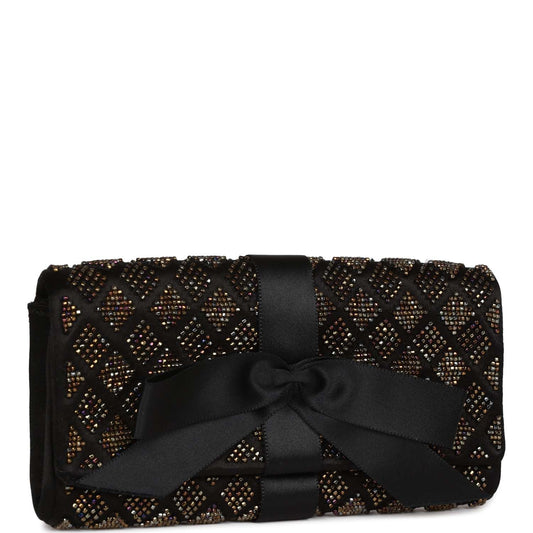 Chanel  Bead Embellished Bow Flap Clutch Black Satin