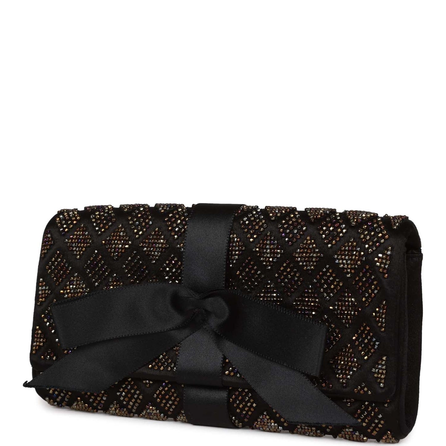 Chanel  Bead Embellished Bow Flap Clutch Black Satin