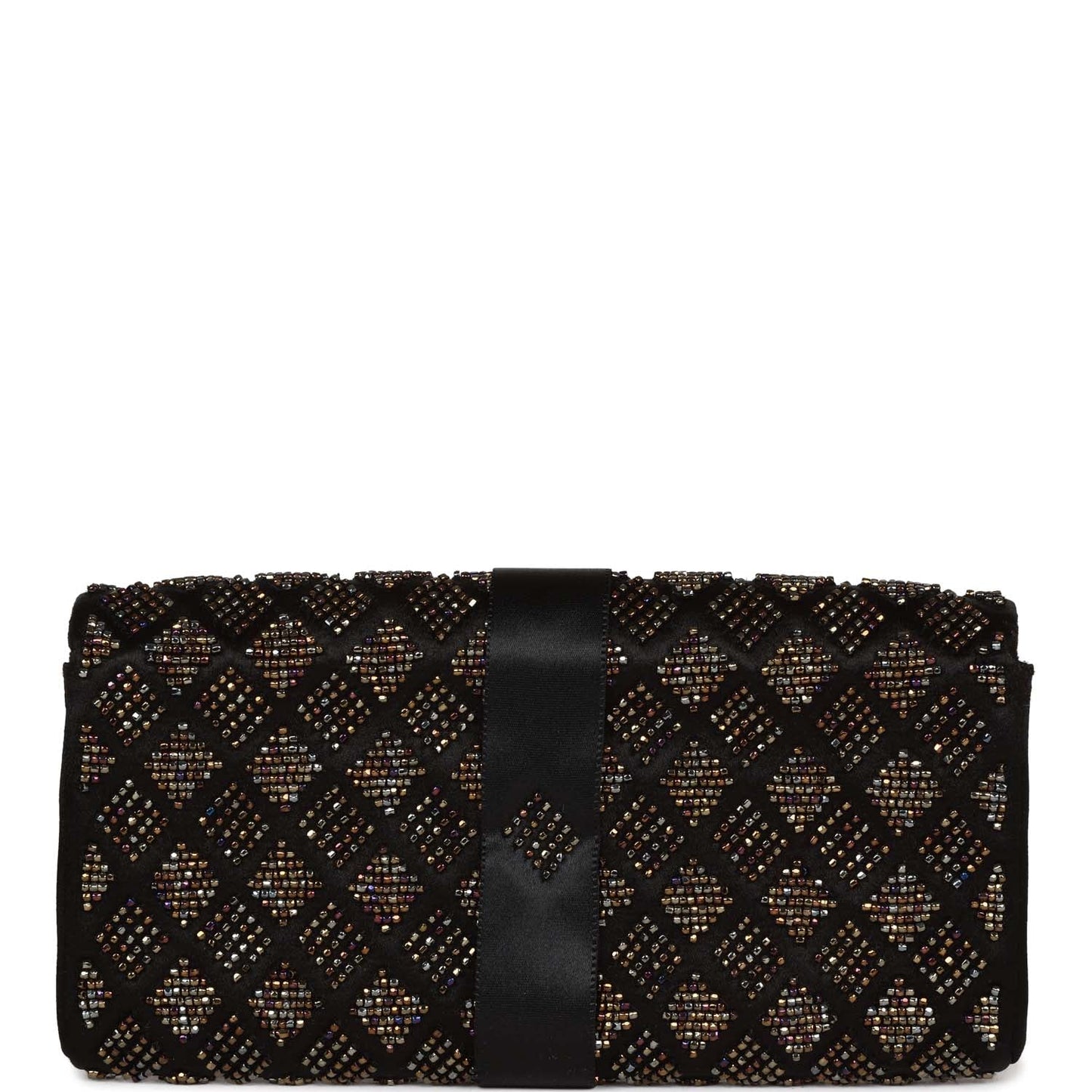 Chanel  Bead Embellished Bow Flap Clutch Black Satin