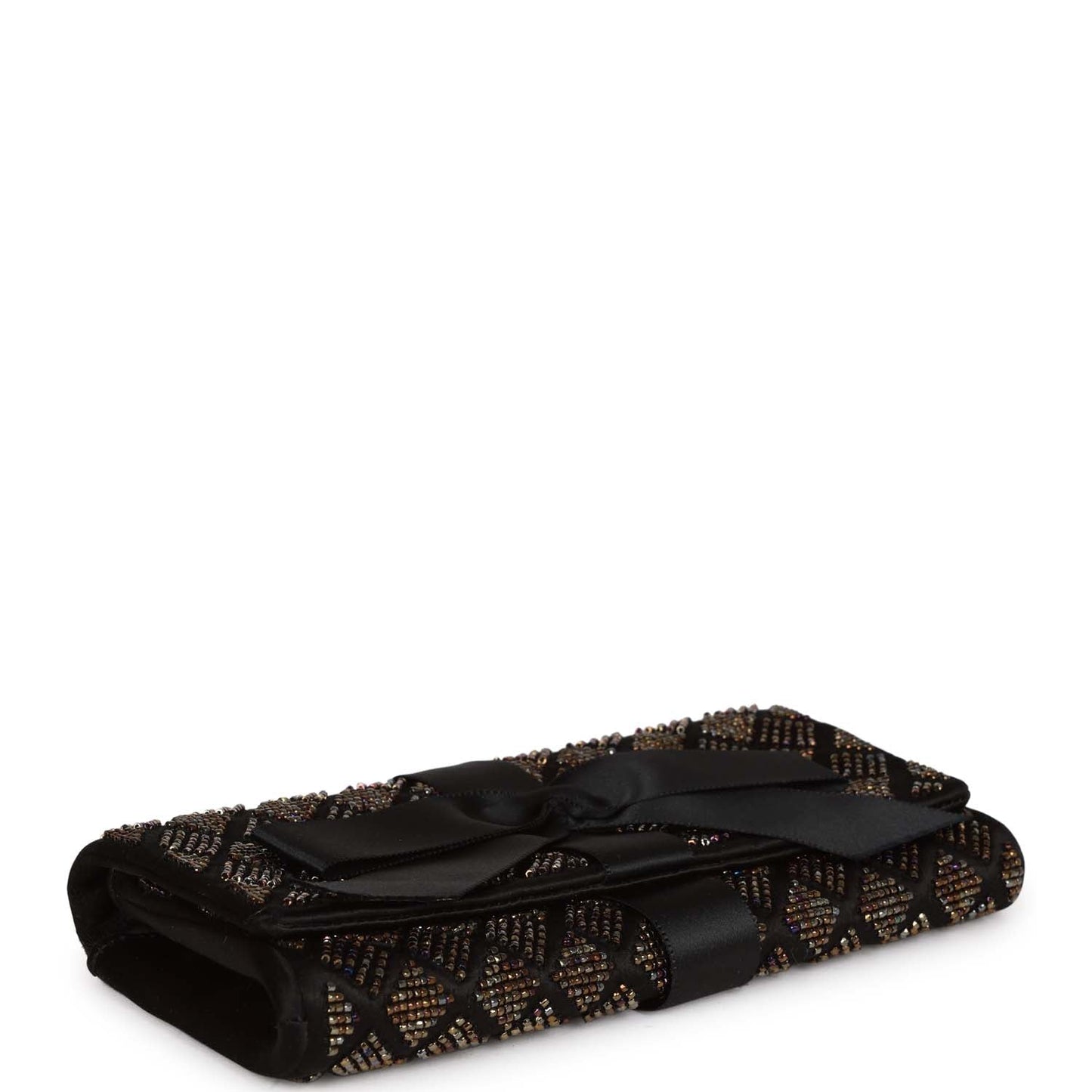 Chanel  Bead Embellished Bow Flap Clutch Black Satin