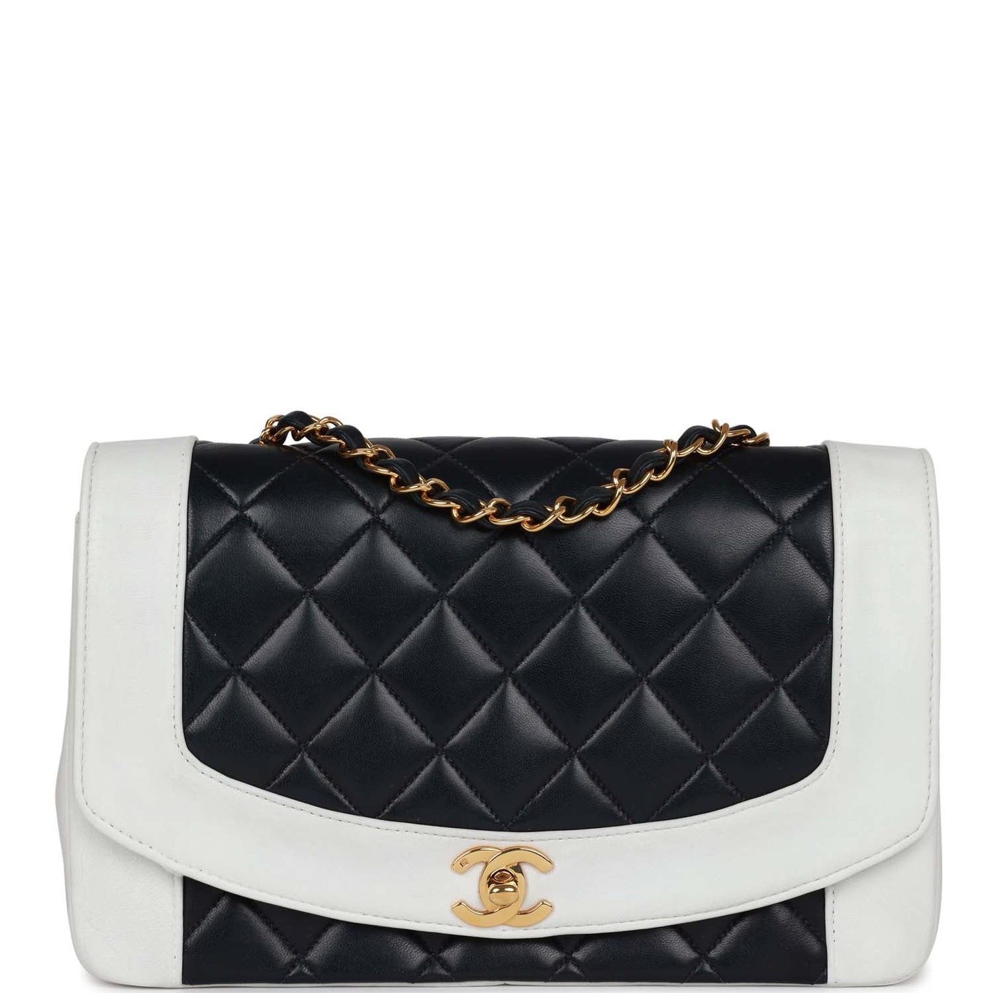 Chanel  Small Diana Flap Bag White and Navy Lambskin Gold Hardware