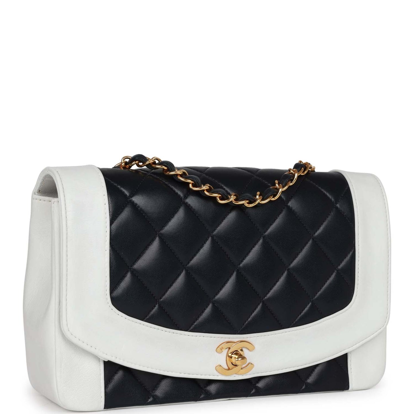 Chanel  Small Diana Flap Bag White and Navy Lambskin Gold Hardware
