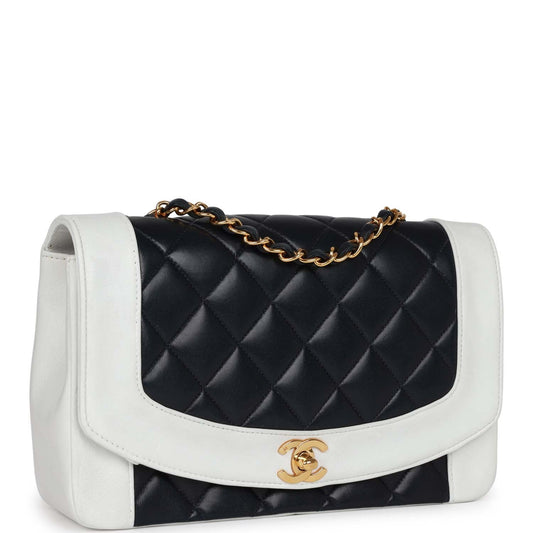 Chanel  Small Diana Flap Bag White and Navy Lambskin Gold Hardware