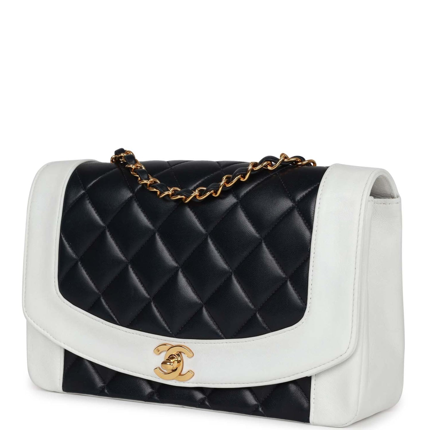 Chanel  Small Diana Flap Bag White and Navy Lambskin Gold Hardware