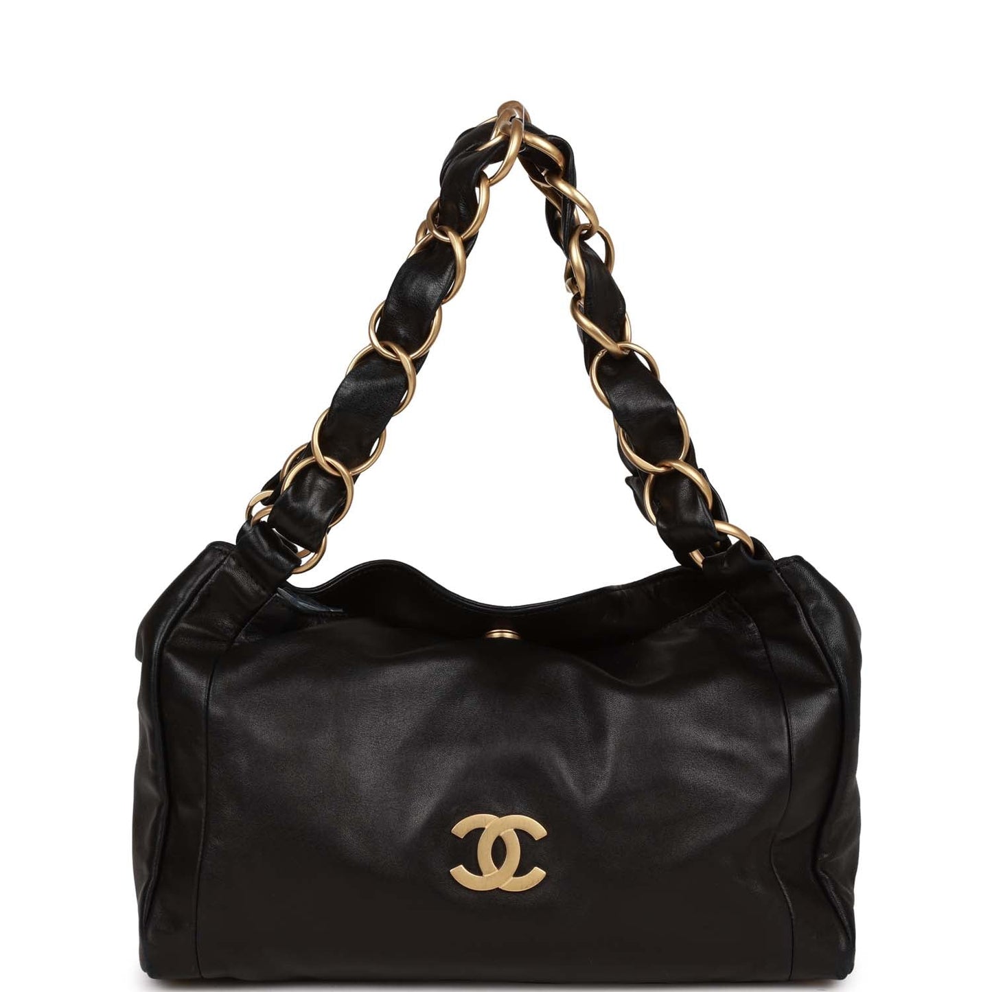 Chanel  "Olsen" Hobo Shoulder Bag Black Lambskin Brushed Gold Hardware