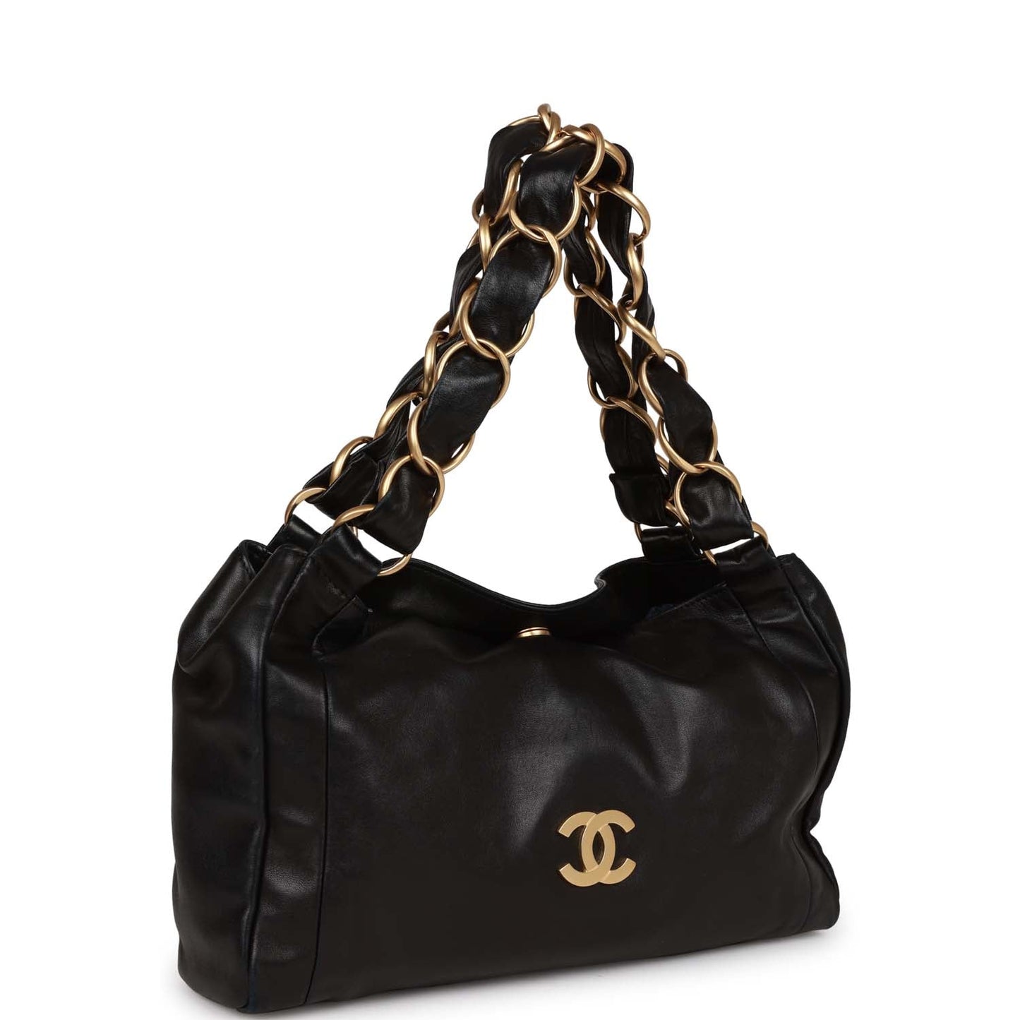 Chanel  "Olsen" Hobo Shoulder Bag Black Lambskin Brushed Gold Hardware