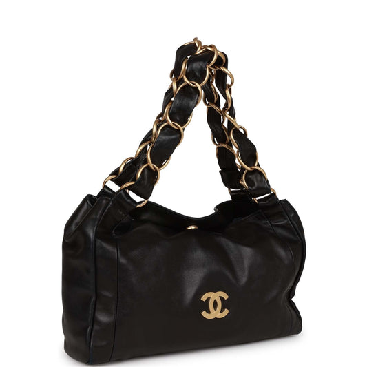 Chanel  "Olsen" Hobo Shoulder Bag Black Lambskin Brushed Gold Hardware
