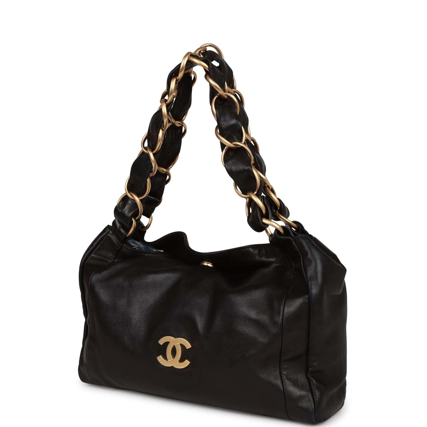 Chanel  "Olsen" Hobo Shoulder Bag Black Lambskin Brushed Gold Hardware