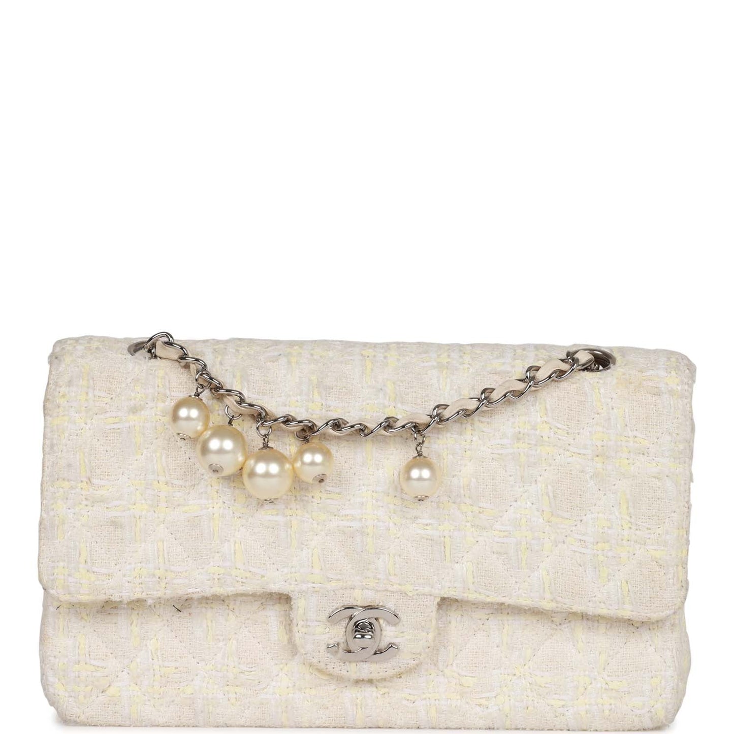 Chanel  Medium Double Flap Bag White Tweed Silver Hardware