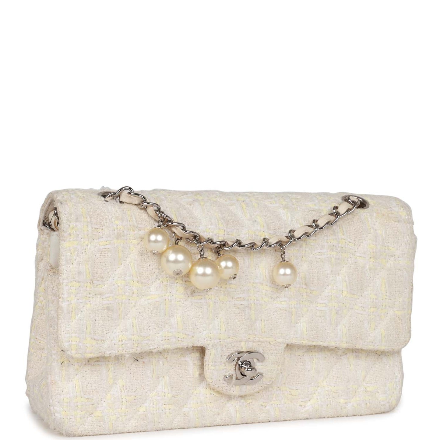 Chanel  Medium Double Flap Bag White Tweed Silver Hardware