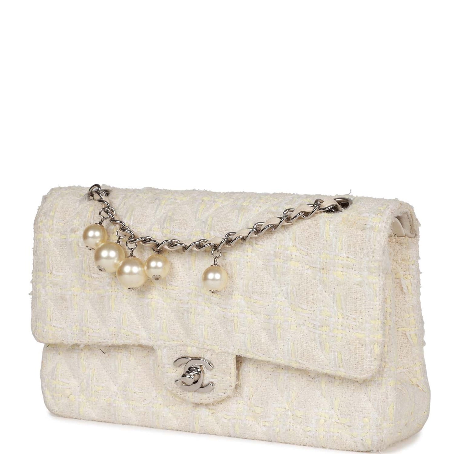 Chanel  Medium Double Flap Bag White Tweed Silver Hardware
