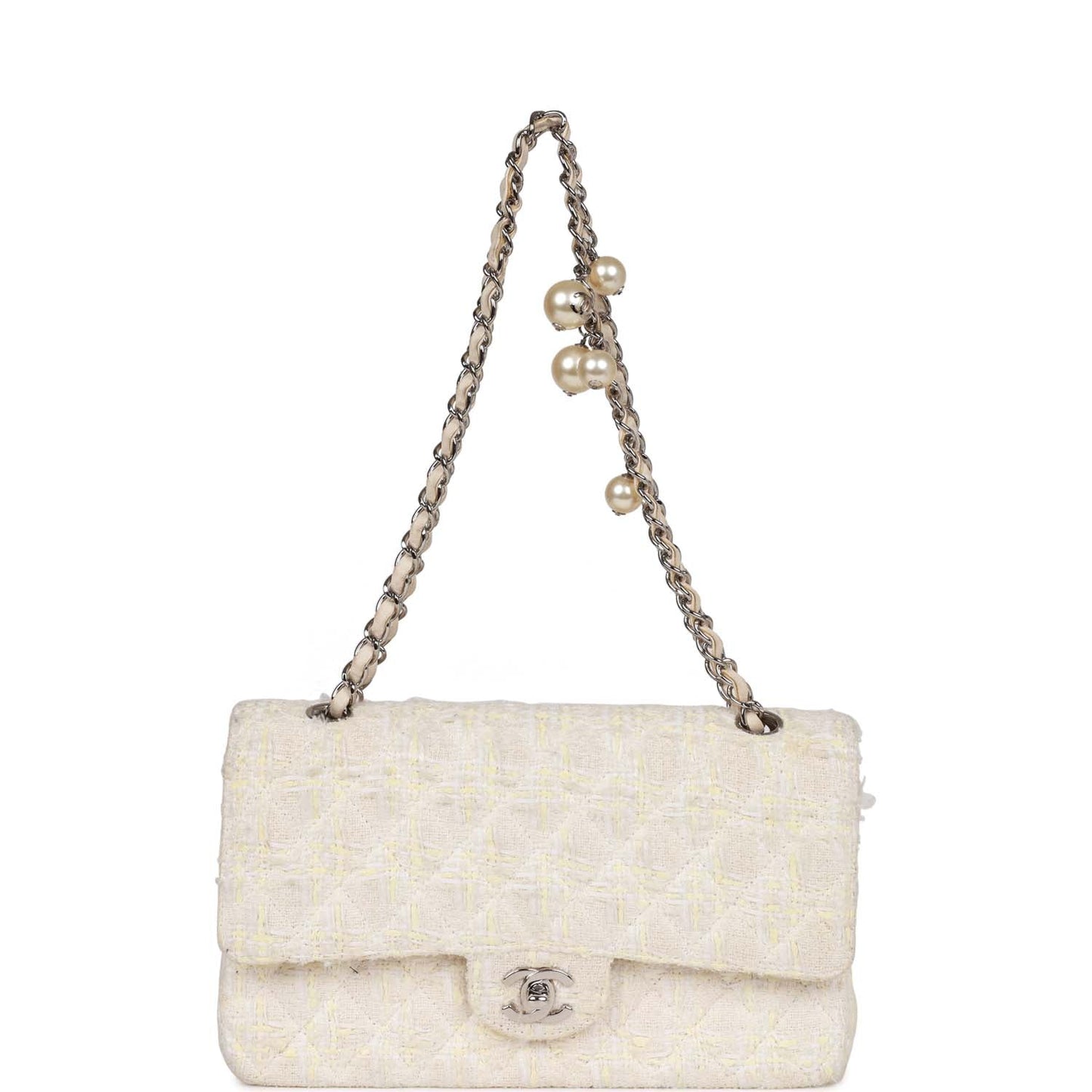 Chanel  Medium Double Flap Bag White Tweed Silver Hardware