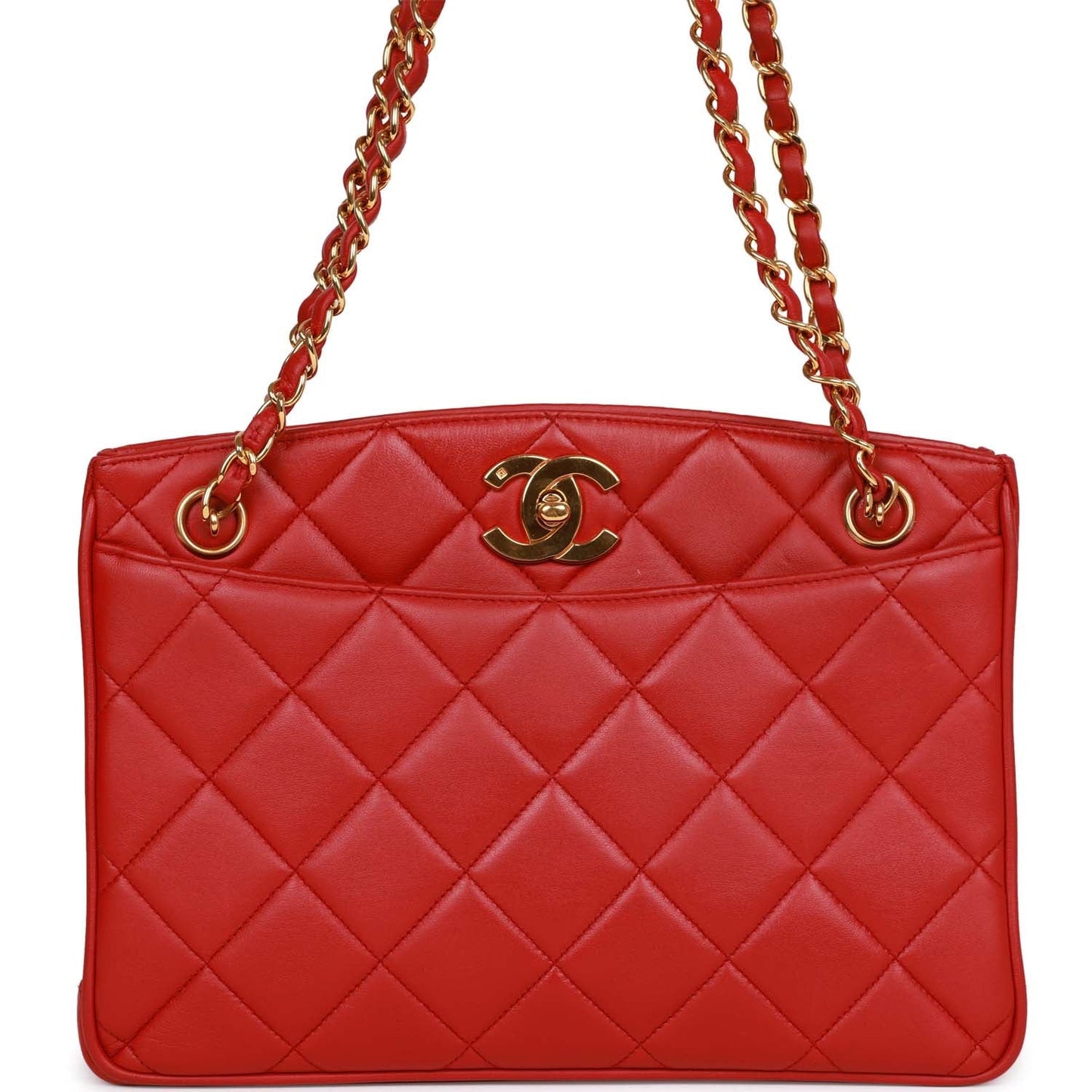 Chanel  Mini Chain Tote Bag Red Lambskin Gold Hardware