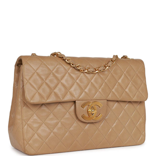 Chanel  XL Maxi Flap Bag Beige Lambskin Gold Hardware