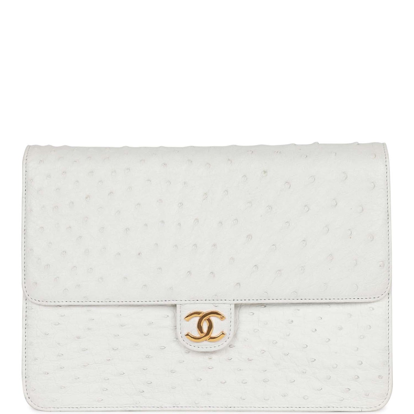 Chanel  Single Flap Bag White Ostrich Gold Hardware