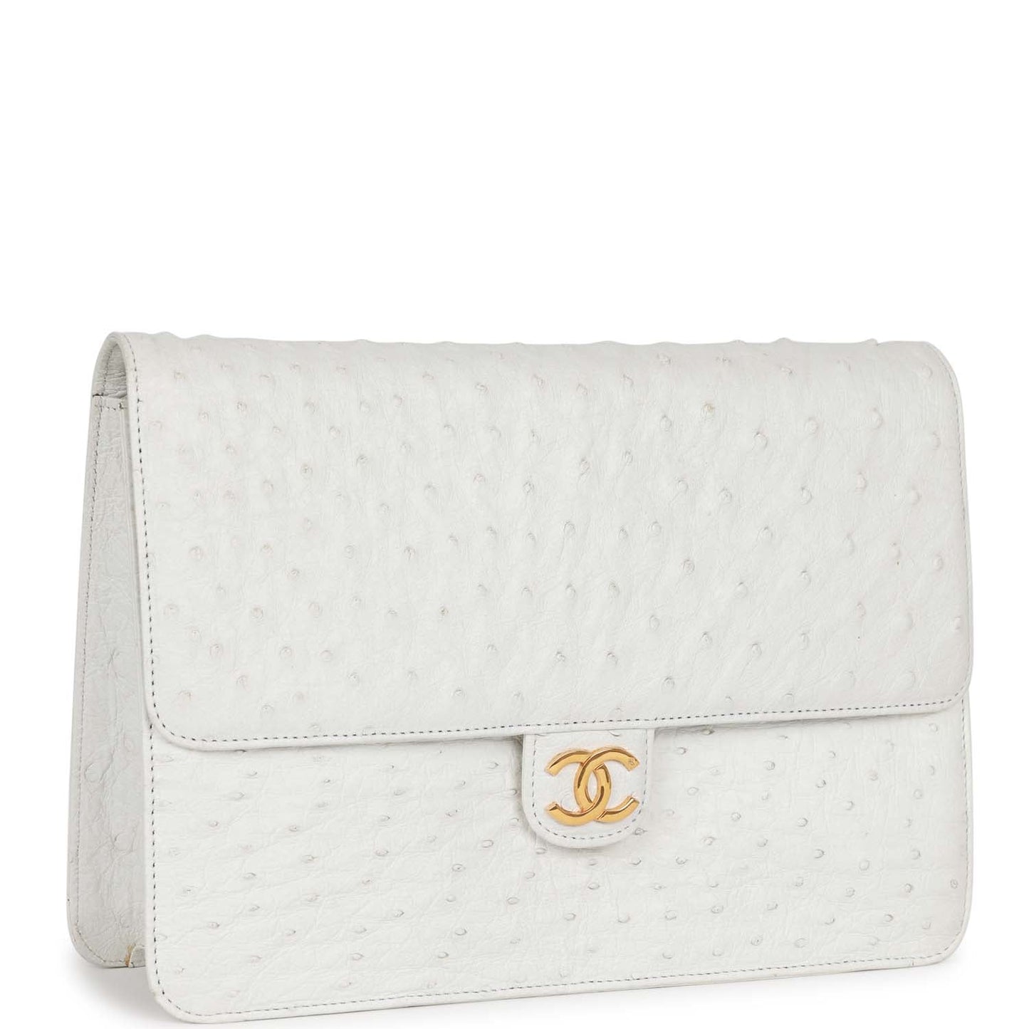 Chanel  Single Flap Bag White Ostrich Gold Hardware