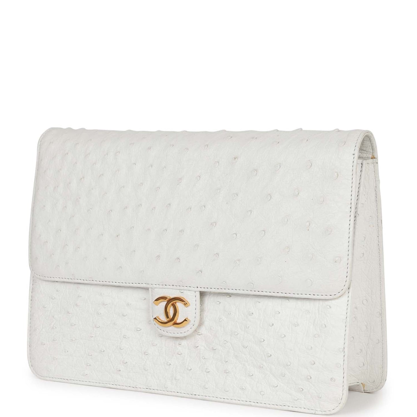 Chanel  Single Flap Bag White Ostrich Gold Hardware